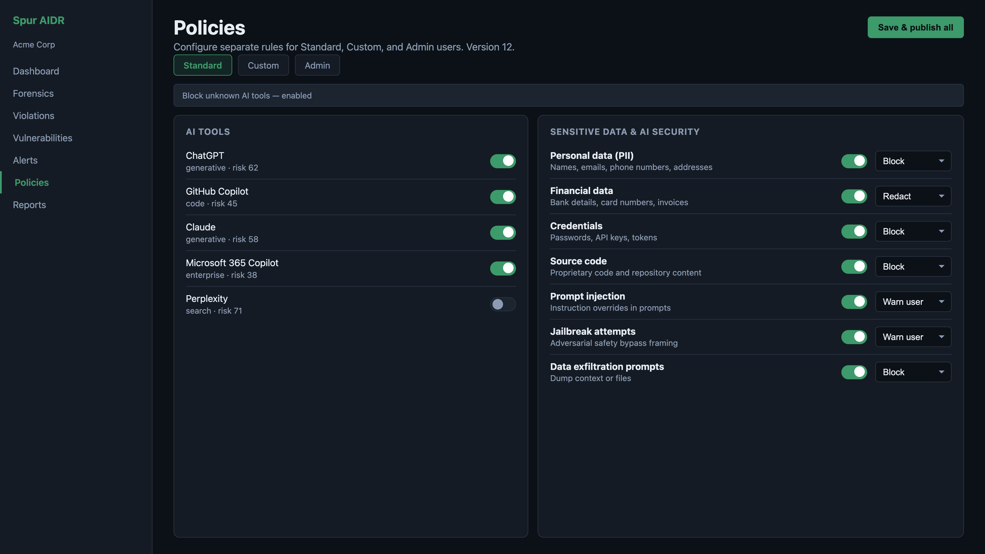 Spur AIDR policies — tool tiers, data rules, and enforcement actions