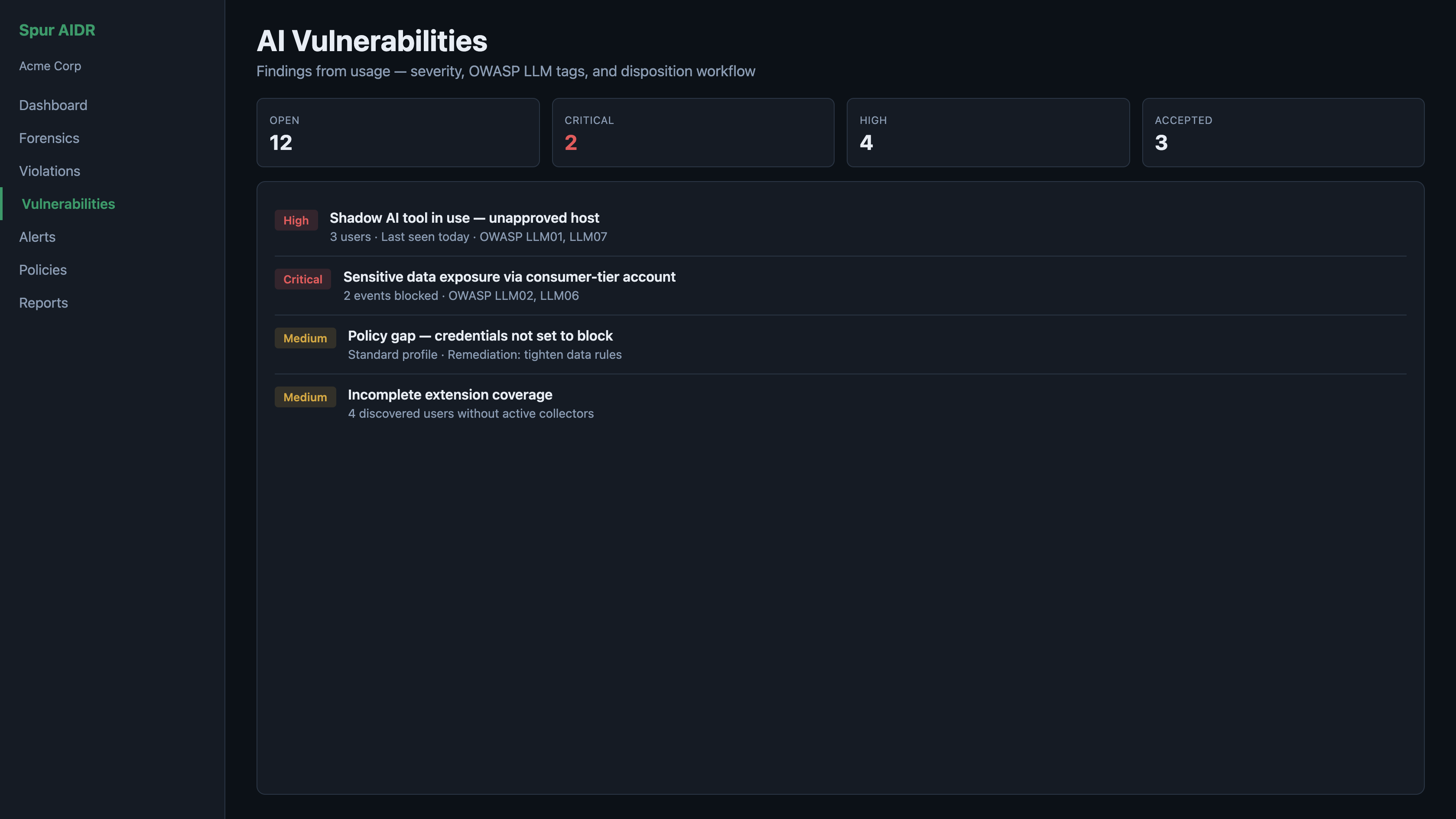 Spur AIDR AI vulnerabilities and posture findings